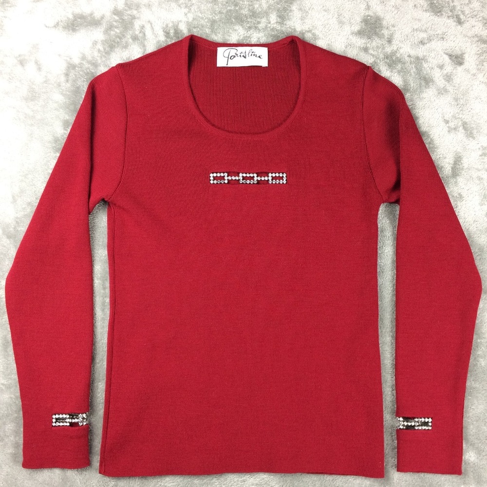 Parisline Sweater Womens Small Swarovski Crystals Red Holiday‎ Merino Wool